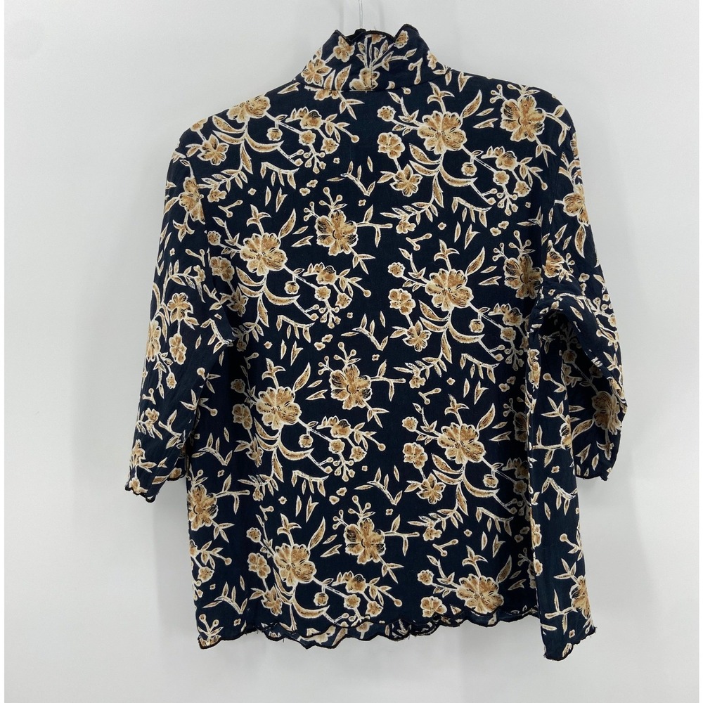 Vintage Rhythm Blue Womens Floral Scalloped Button Blouse Navy Gold 3/4 Sleeve L